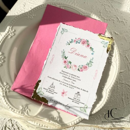 Invitatie de Botez cu Foita Aurie si Motiv Floral