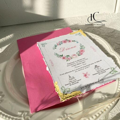 Alternative view of Invitatie de Botez cu Foita Aurie si Motiv Floral