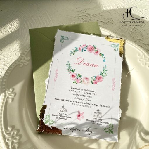 Invitatie Botez Foita Aurie si Motiv Floral Plic verde