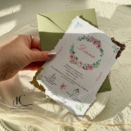 Alternative view of Invitatie Botez Foita Aurie si Motiv Floral Plic verde