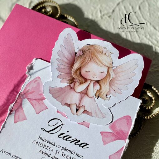 Alternative view of Invitatie de Botez cu Ingeras Fetita si Fundite roz