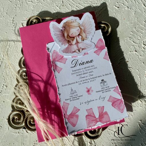 Invitatie de Botez cu Ingeras Fetita si Fundite roz