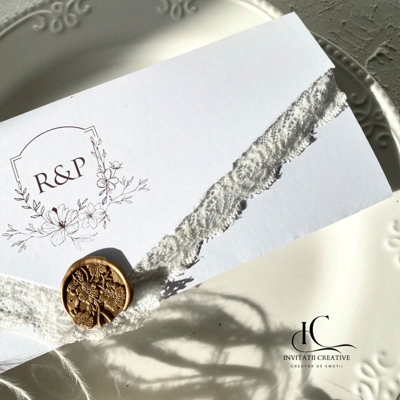 Invitatie Nunta Floral Minimalista cu Dantela si Sigiliu - imagine 5