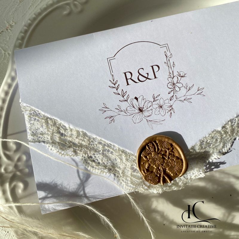 Invitatie Nunta Floral Minimalista cu Dantela si Sigiliu - imagine 6