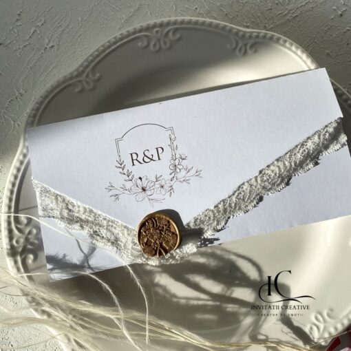 Invitatie Nunta Floral Minimalista cu Dantela si Sigiliu