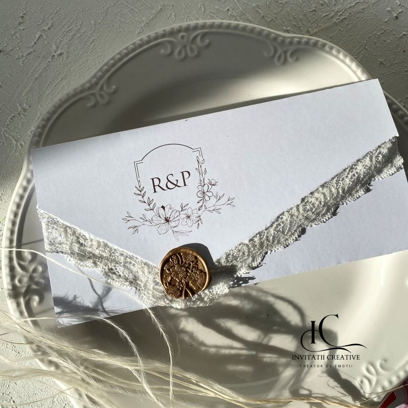 Invitatie Nunta Floral Minimalista cu Dantela si Sigiliu