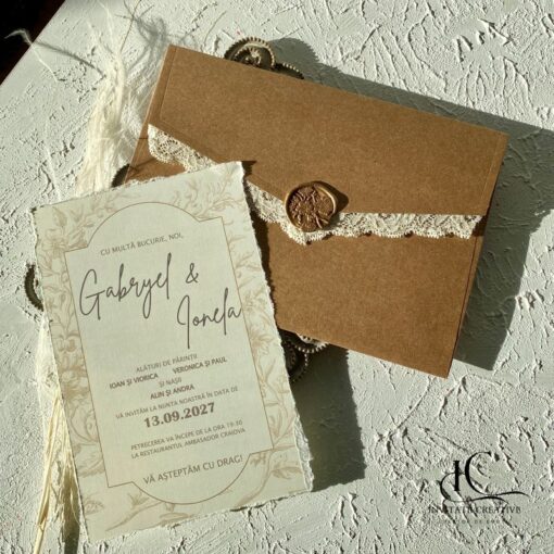 Invitatie de Nunta Boema cu Dantela si Sigiliu