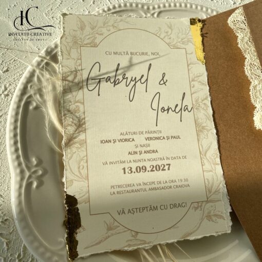 Alternative view of Invitatie de Nunta Boema cu Dantela Foita aurie si Sigiliu