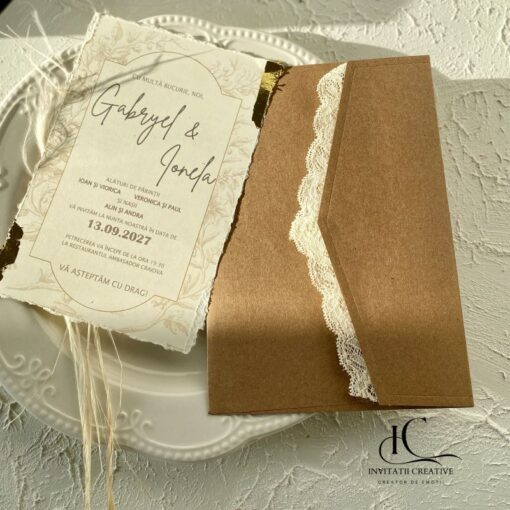 Invitatie de Nunta Boema cu Dantela Foita aurie