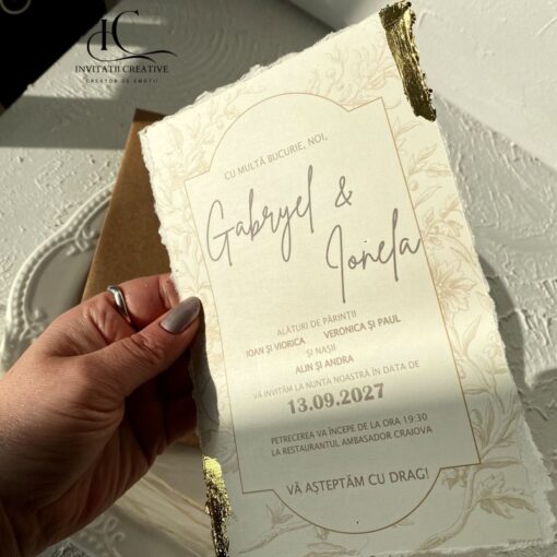 Alternative view of Invitatie de Nunta Boema cu Dantela Foita aurie