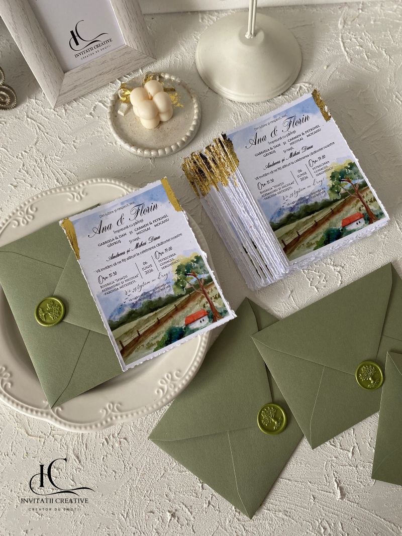 Invitatie Nunta cu Model Watercolor Rustic Foita aurie si Sigiliu - imagine 5