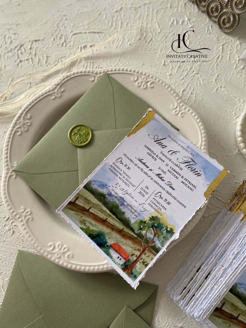 Invitatie Nunta cu Model Watercolor Rustic Foita aurie si Sigiliu - imagine 4