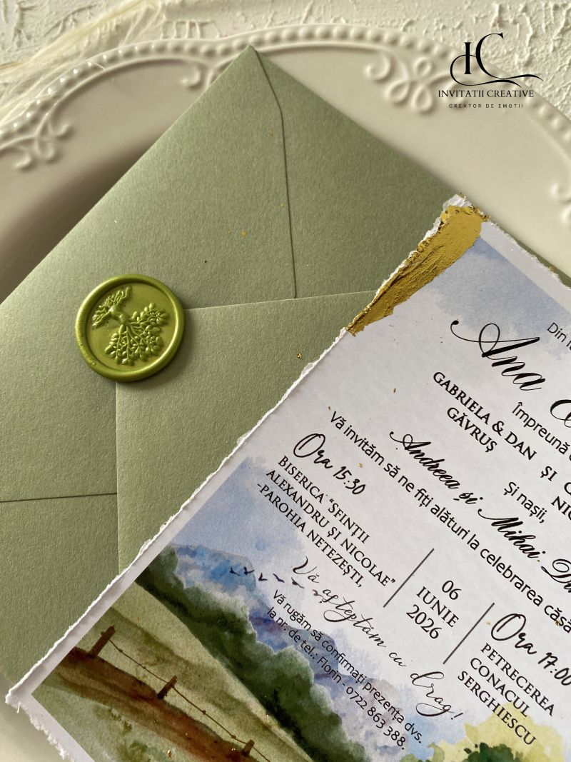Invitatie Nunta cu Model Watercolor Rustic Foita aurie si Sigiliu - imagine 2