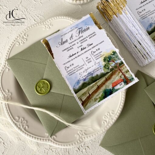 Invitatie Nunta cu Model Watercolor Rustic Foita aurie si Sigiliu