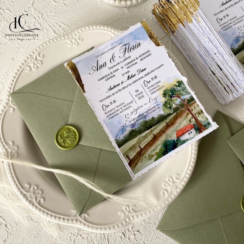 Invitatie Nunta cu Model Watercolor Rustic Foita aurie si Sigiliu