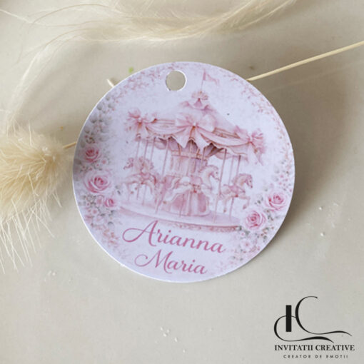 Eticheta rotunda cu carusel roz