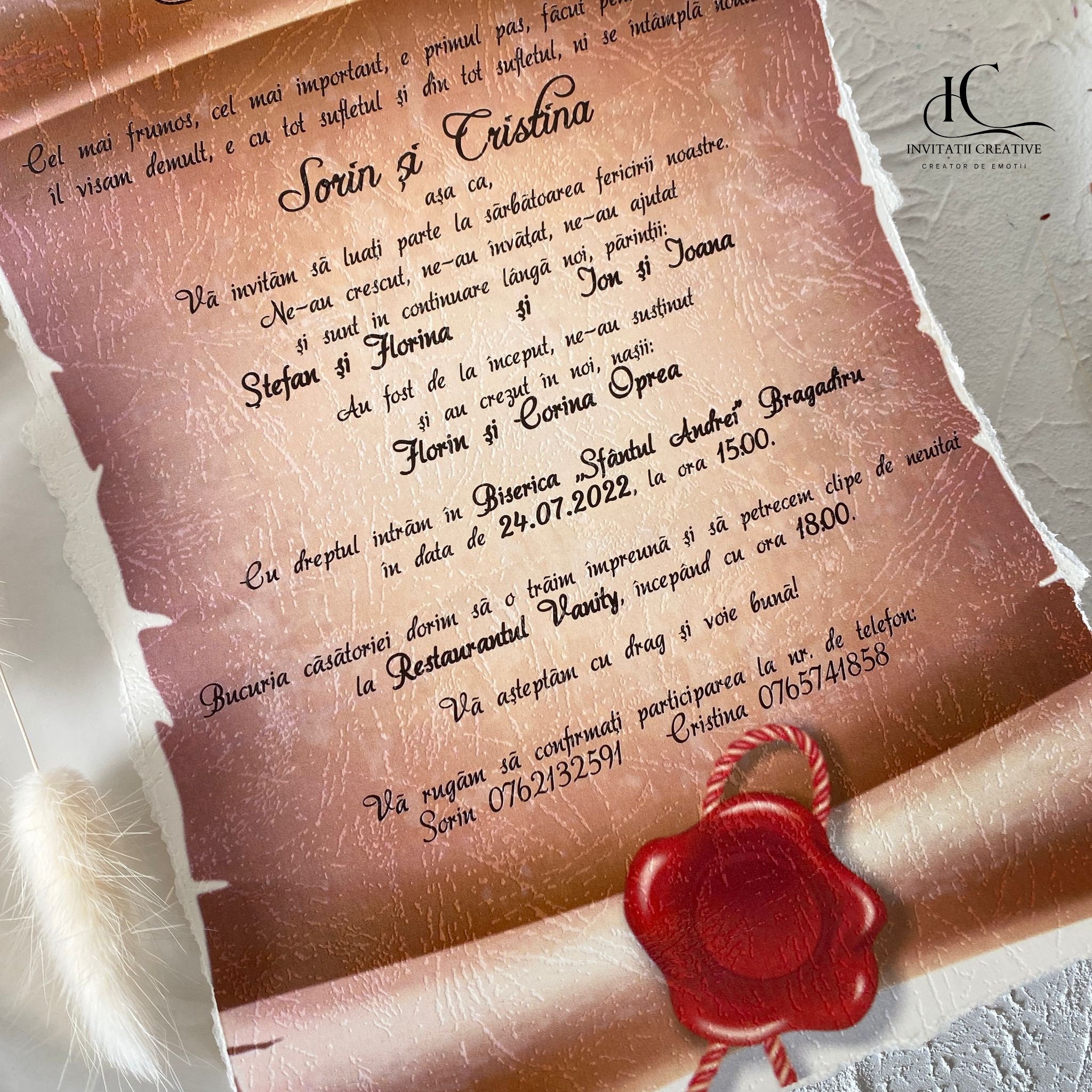 Invitatie Nunta Papirus Model Vintage cu Pecete - imagine 2