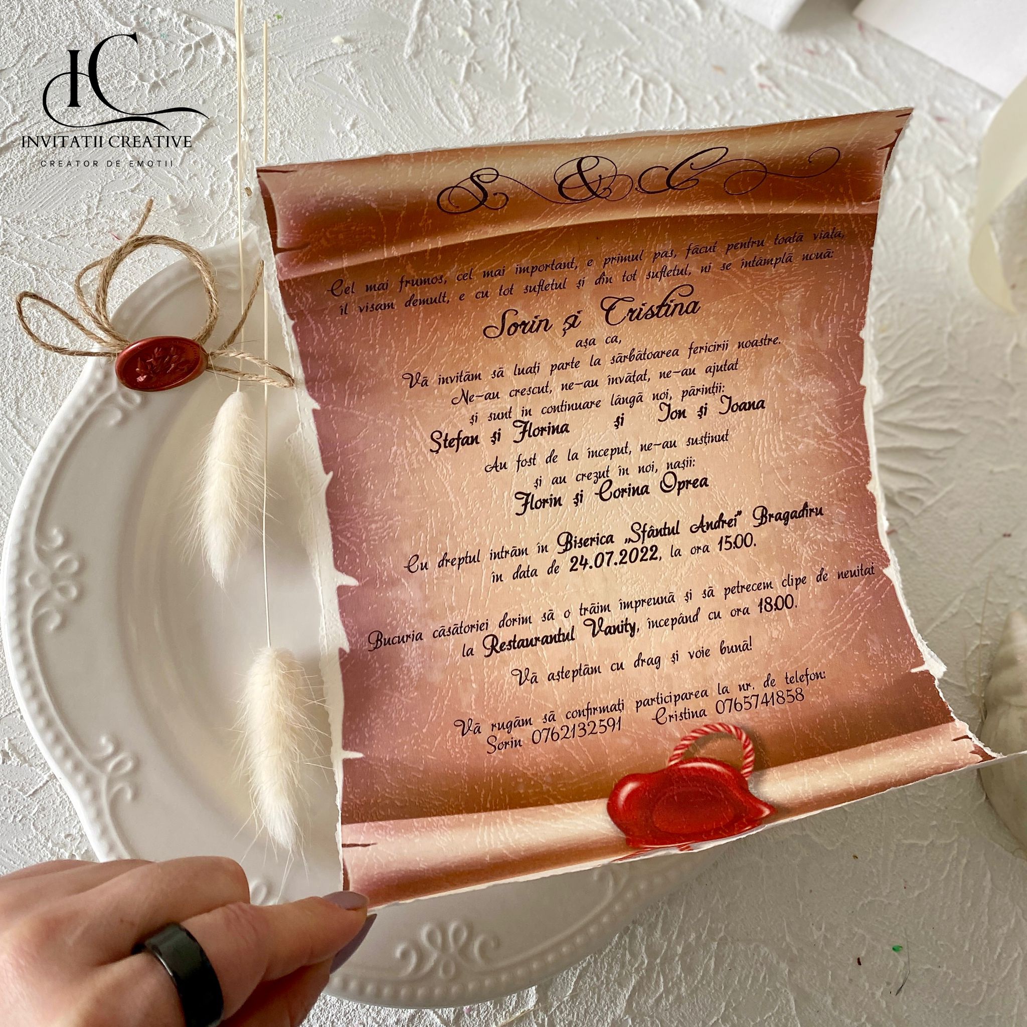 Invitatie Nunta Papirus Model Vintage cu Pecete - imagine 6
