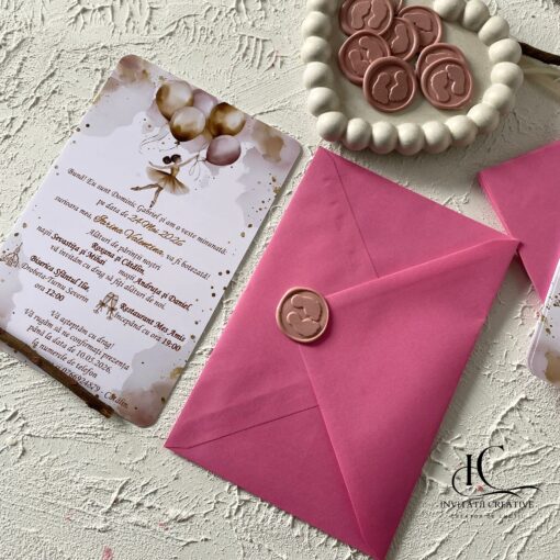 Invitatie de Botez Diafana Balerina cu Baloane si Sigiliu