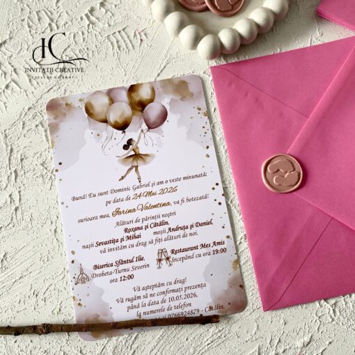 Alternative view of Invitatie de Botez Diafana Balerina cu Baloane si Sigiliu