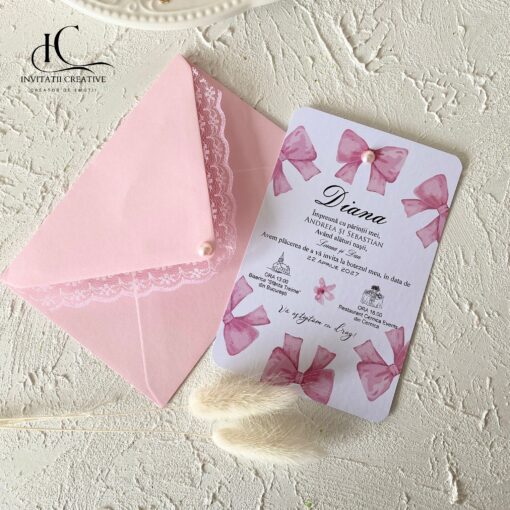 Invitatie de Botez Diafana cu Fundite Dantela Aplicata si Perla