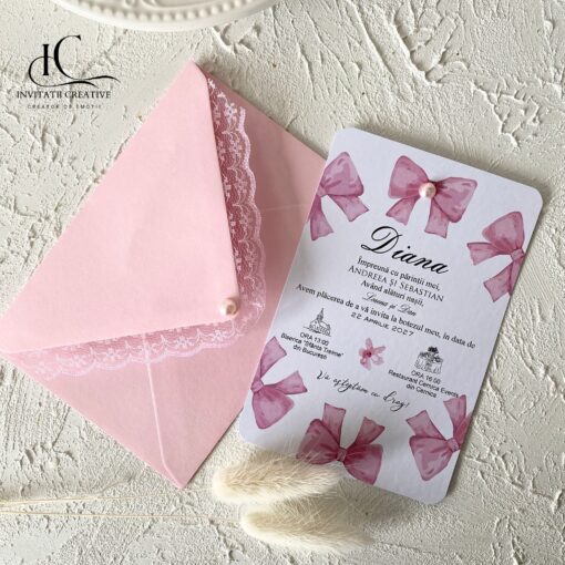 Alternative view of Invitatie de Botez Diafana cu Fundite Dantela Aplicata si Perla