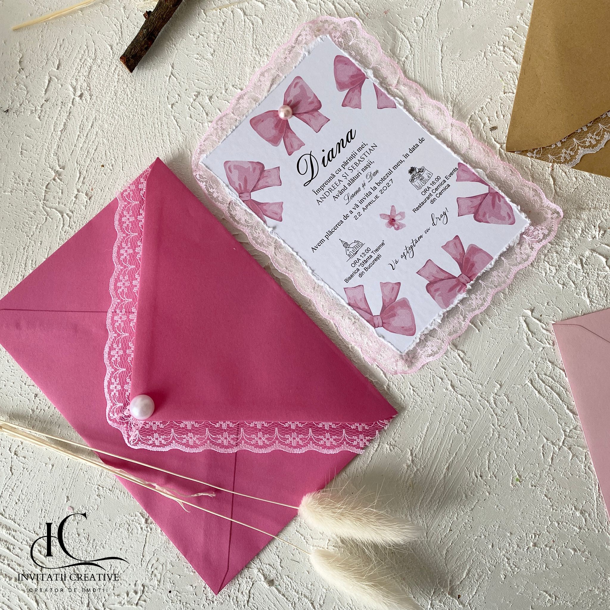 Invitatie de Botez Eleganta Ribbon cu Dantela Aplicata