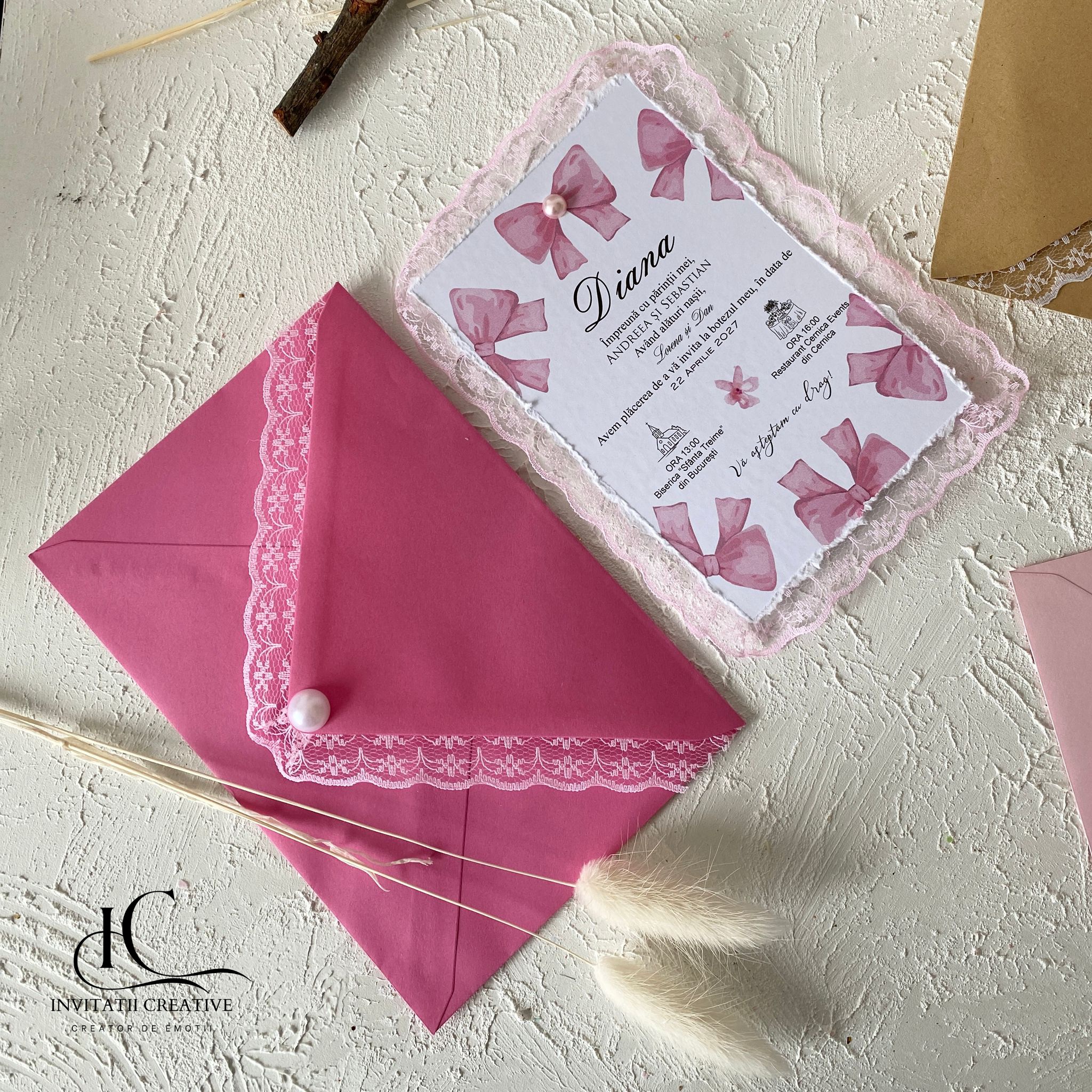 Invitatie de Botez Eleganta Ribbon cu Dantela Aplicata - imagine 4