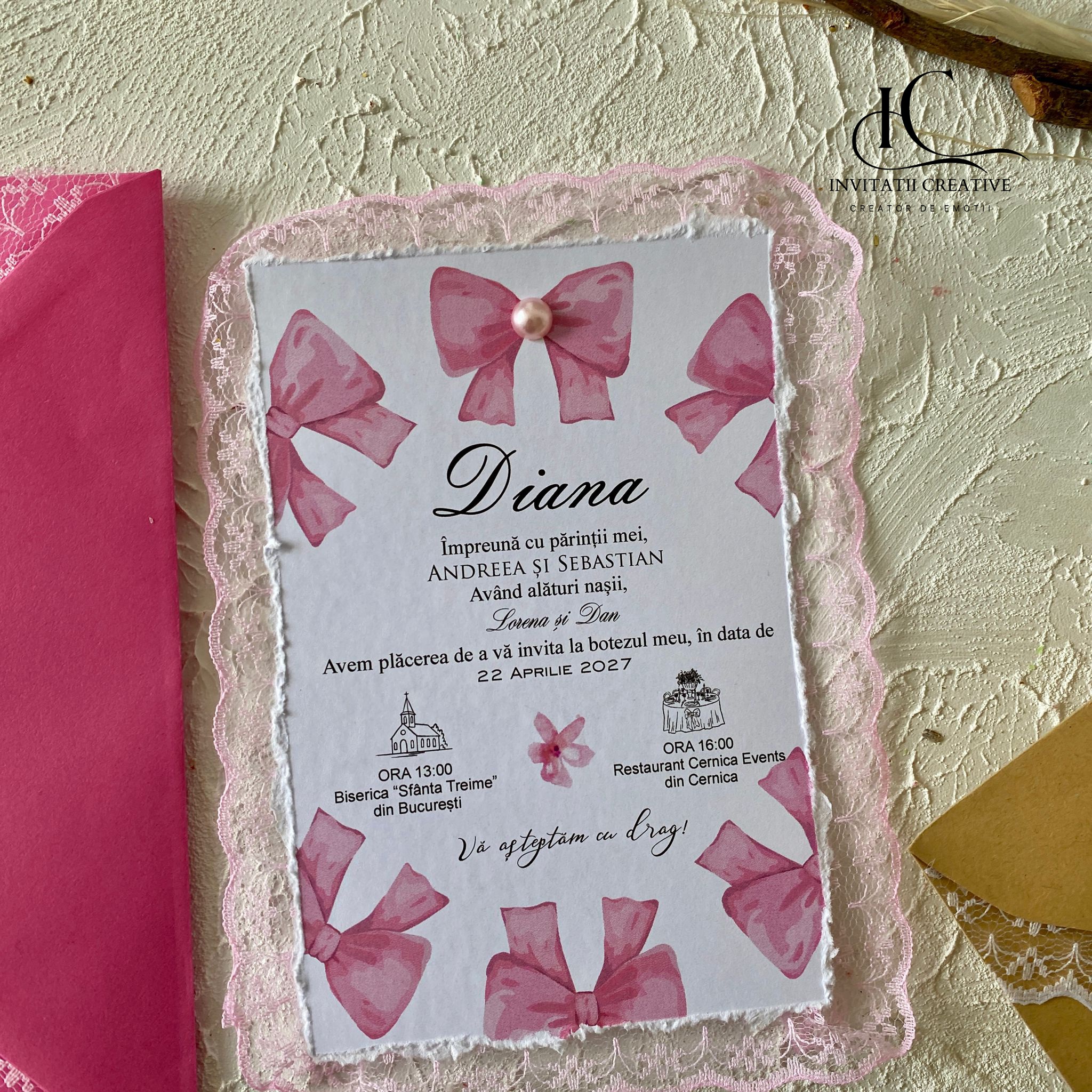 Invitatie de Botez Eleganta Ribbon cu Dantela Aplicata - imagine 3