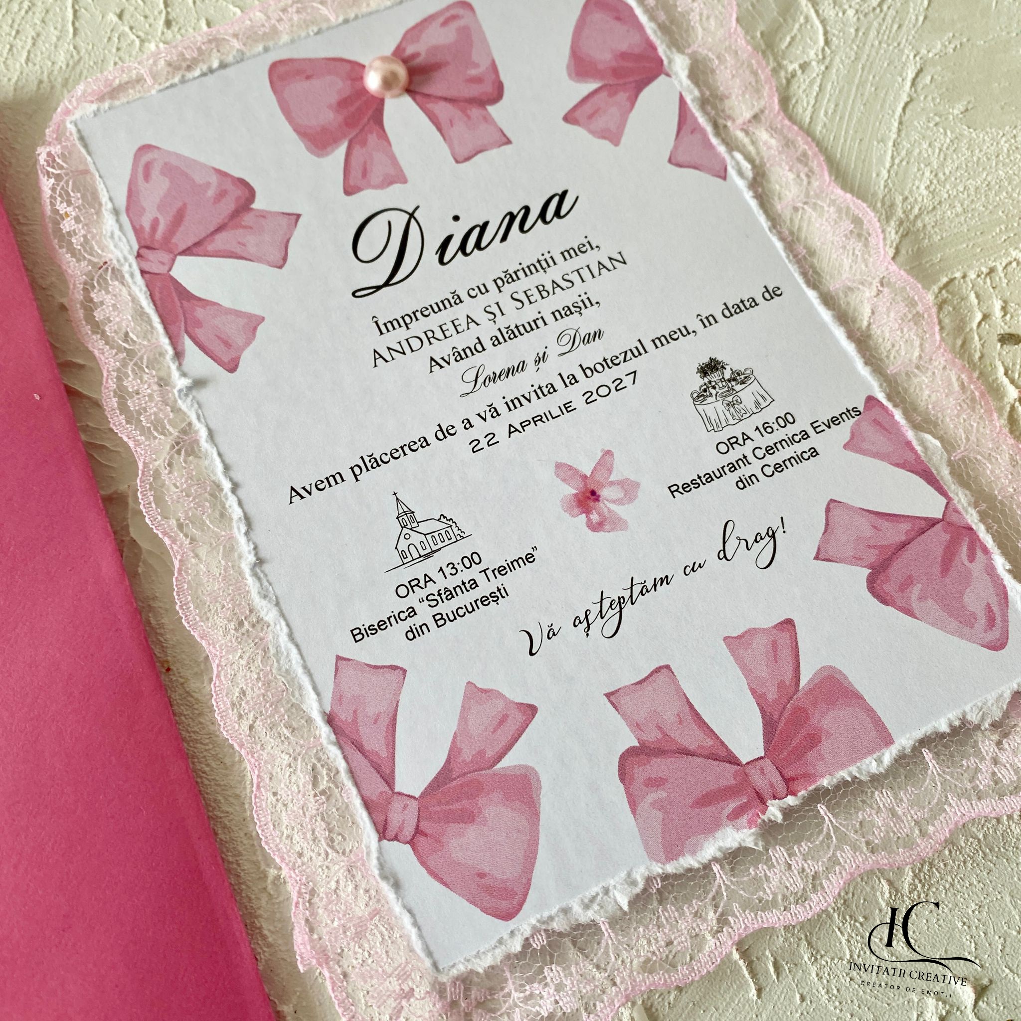 Invitatie de Botez Eleganta Ribbon cu Dantela Aplicata - imagine 2