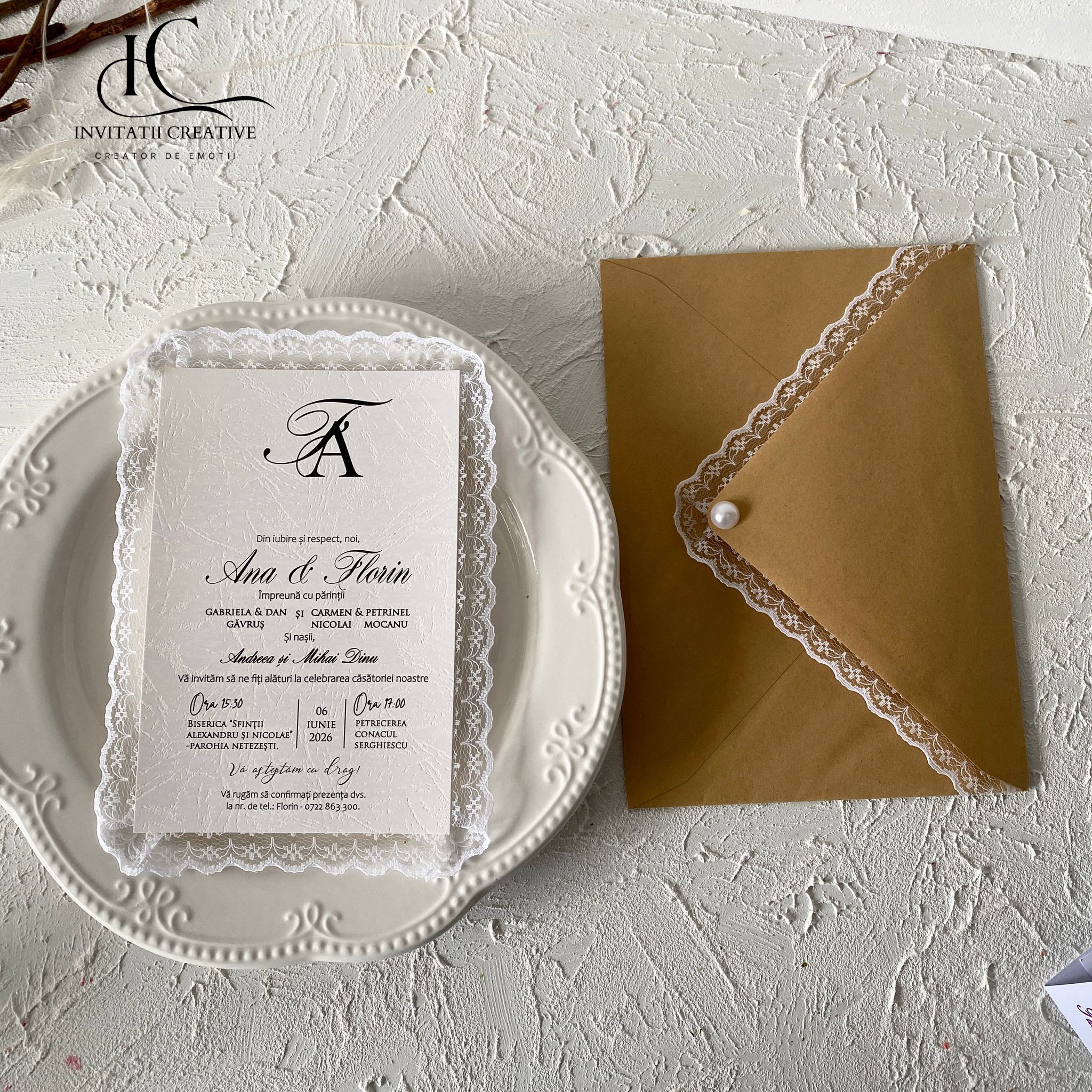 Invitatie de Nunta Boema cu Dantela si Perla - imagine 8