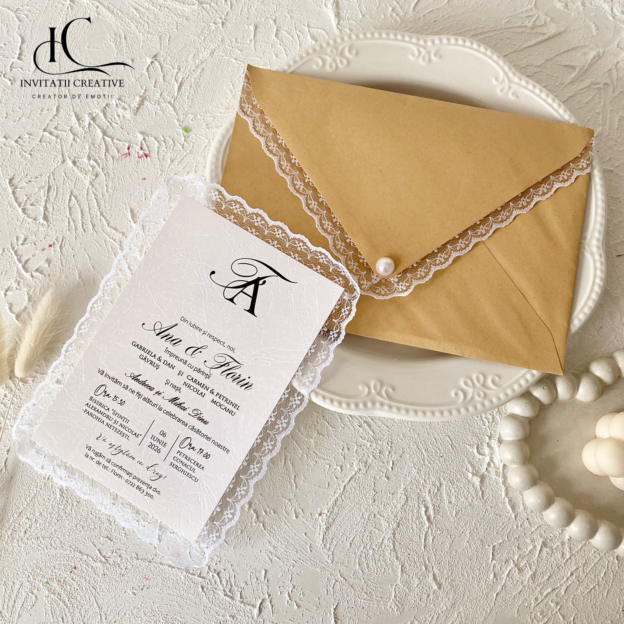 Invitatie de Nunta Boema cu Dantela si Perla - imagine 7