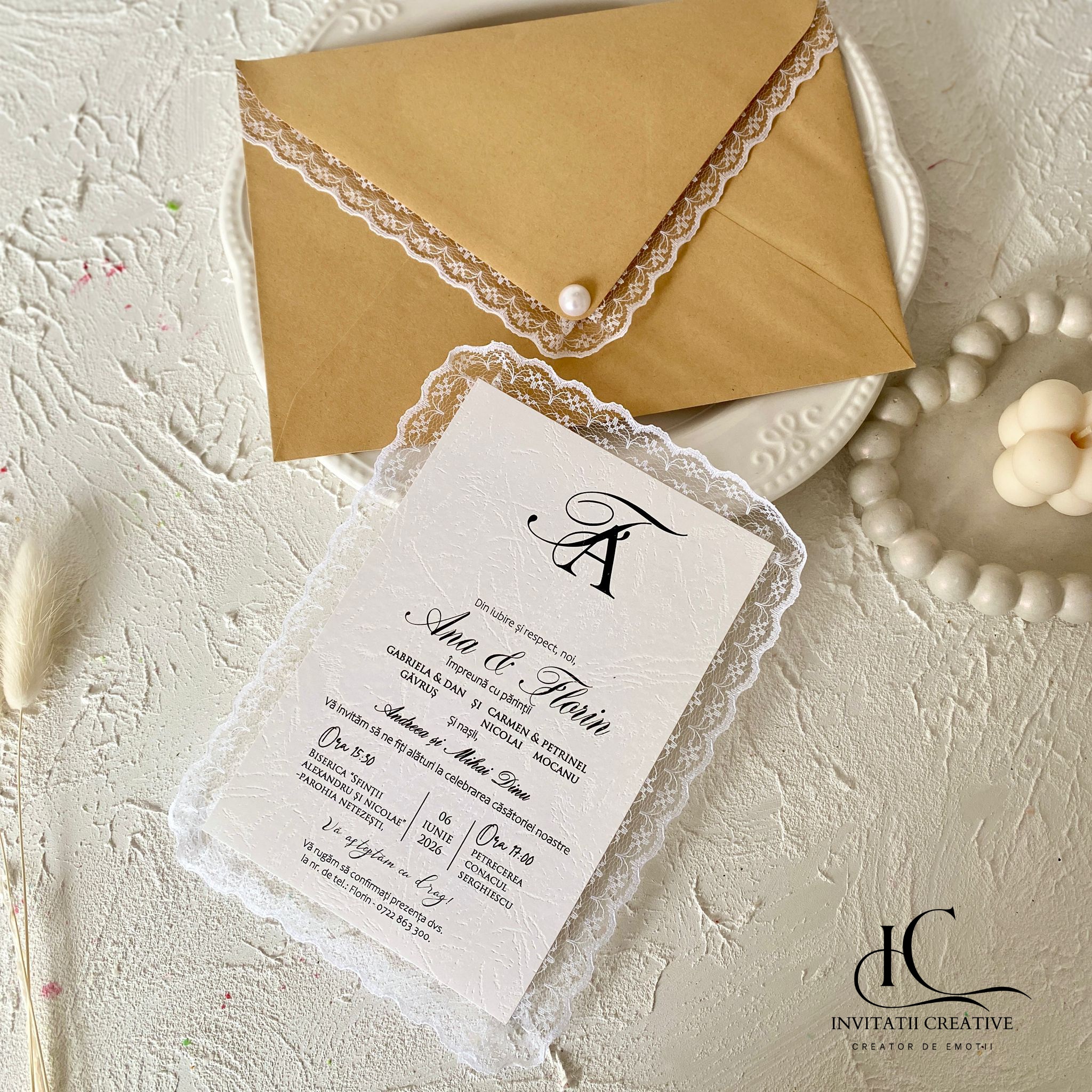 Invitatie de Nunta Boema cu Dantela si Perla - imagine 5