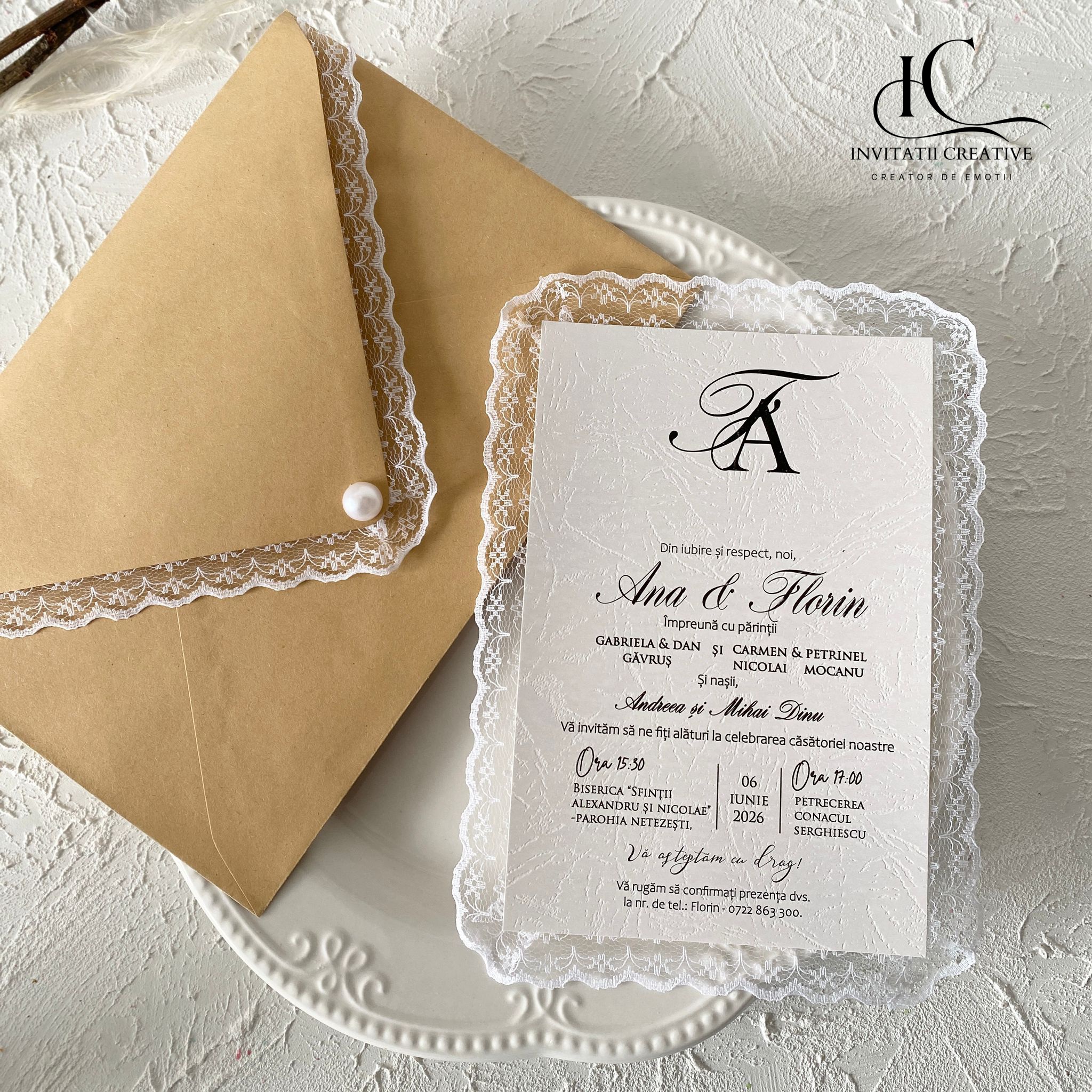 Invitatie de Nunta Boema cu Dantela si Perla