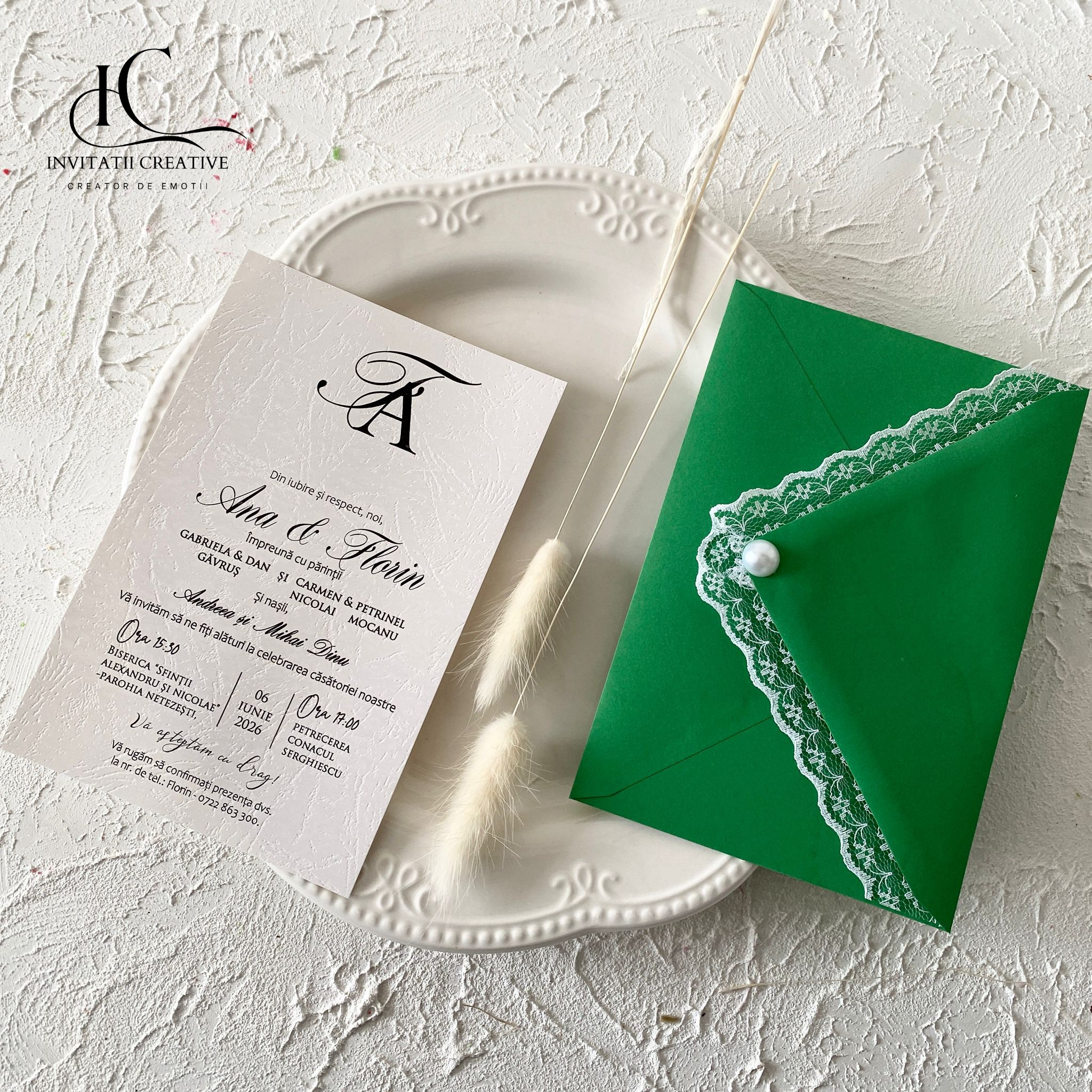 Invitatie de Nunta Eleganta Plic verde cu Dantela si Perla
