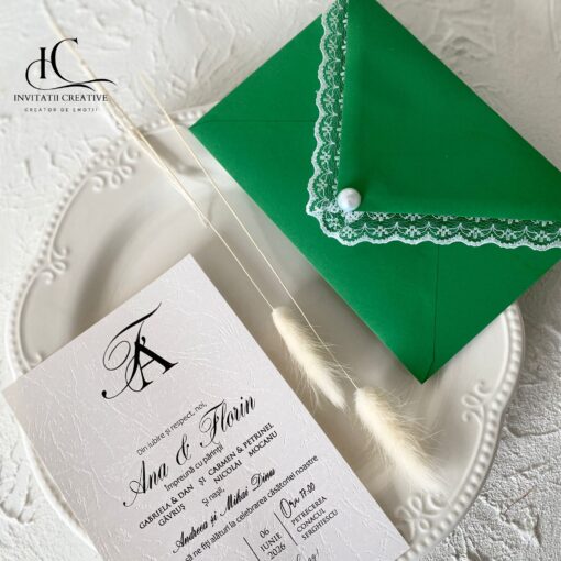 Alternative view of Invitatie de Nunta Eleganta Plic verde cu Dantela si Perla