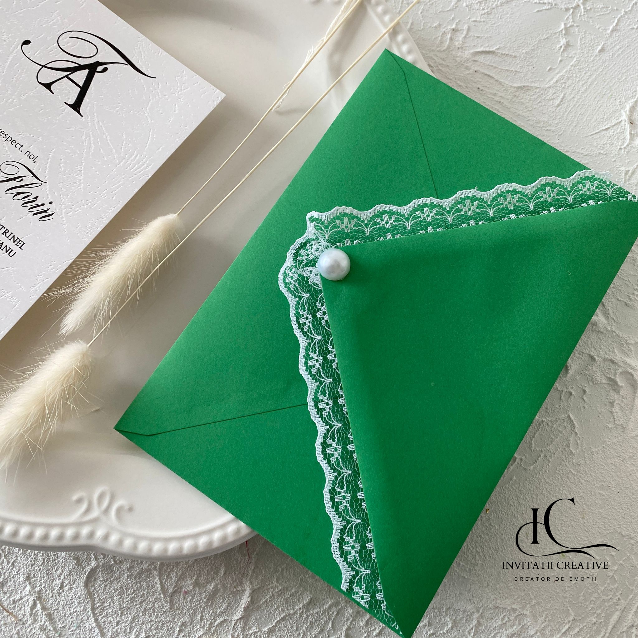 Invitatie de Nunta Eleganta Plic verde cu Dantela si Perla - imagine 4