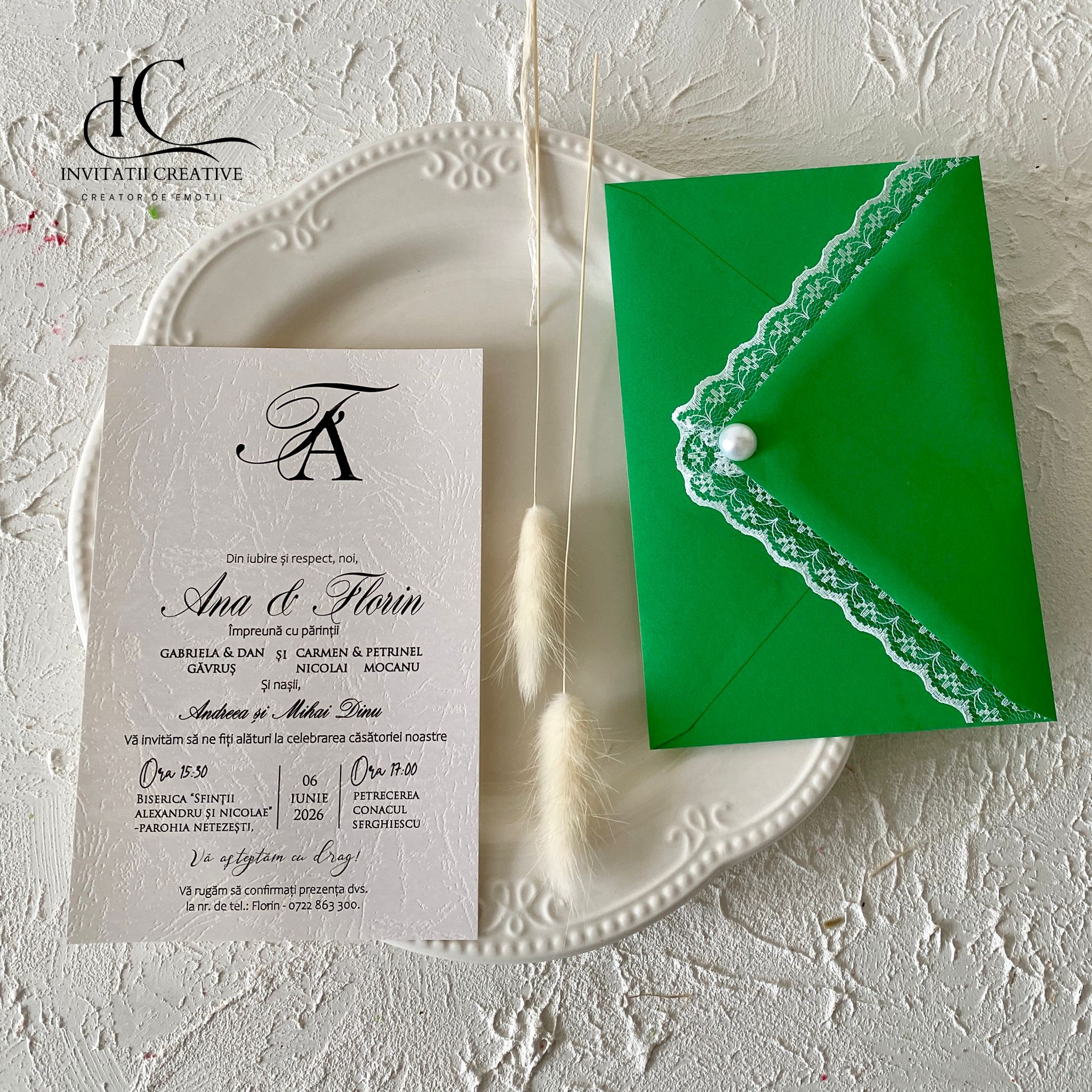 Invitatie de Nunta Eleganta Plic verde cu Dantela si Perla - imagine 5