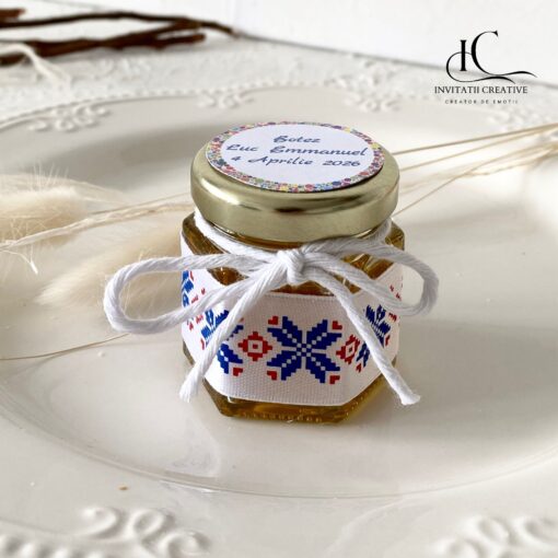 Marturie Borcanel cu Miere Traditional Model Alb-Albastru