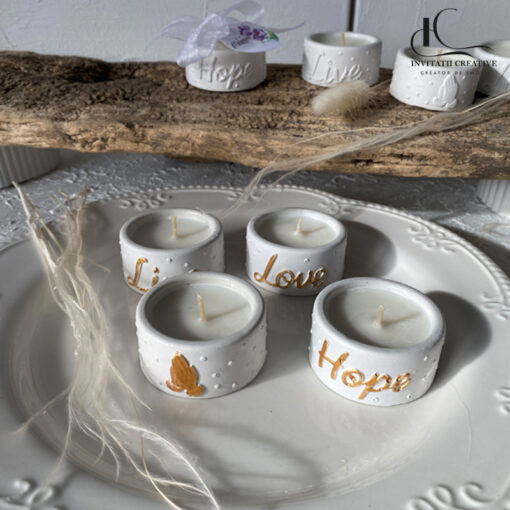 Mărturii lumânări parfumate în suport ceramic – Live, Hope, Love, Pray