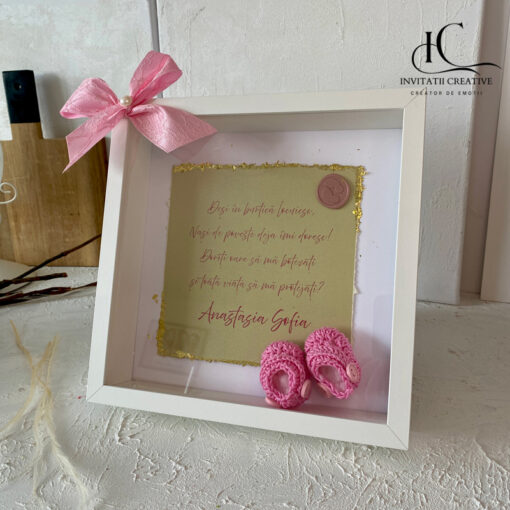 Tablou cerere nași cu botoșei croșetați – cadou original