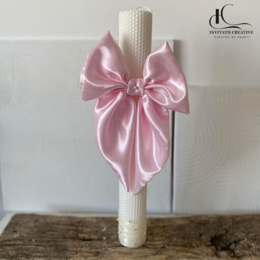 Lumanare botez ceara de albine cu funda roz pastel