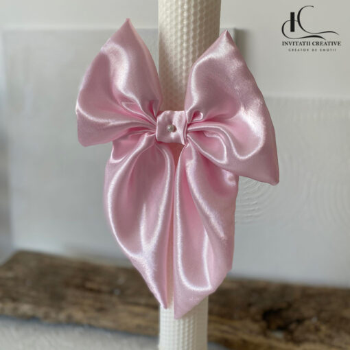 Lumanare botez ceara de albine cu funda roz pastel2