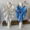 Set 2 lumanari ceara de albine cu funde diafane din satin ivoire si bleu