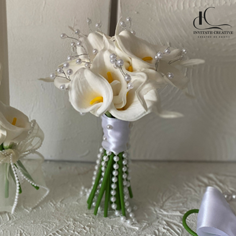 Buchet Mireasa sau Nasa Elegant cu Cale si Perle