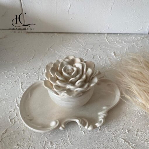 Set Cadou Ceramica Caseta Bijuterii Trandafir si Tavita Vintage