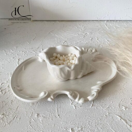 Set Lumanare Parfumata Perlute Ceara in Cochilie Melc cu Tavita Ceramica
