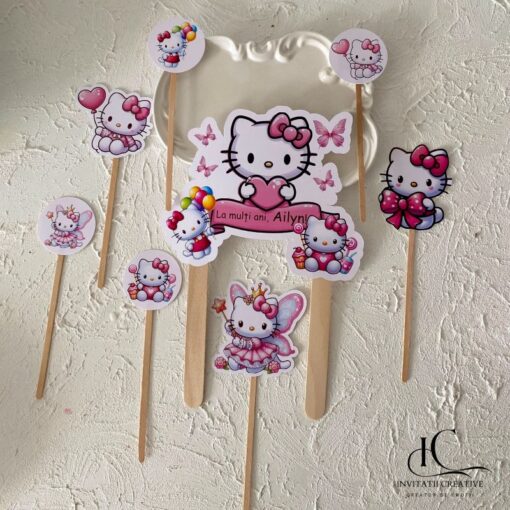 Set Topper Cutiute Felie Tort Personalizat Hello Kitty
