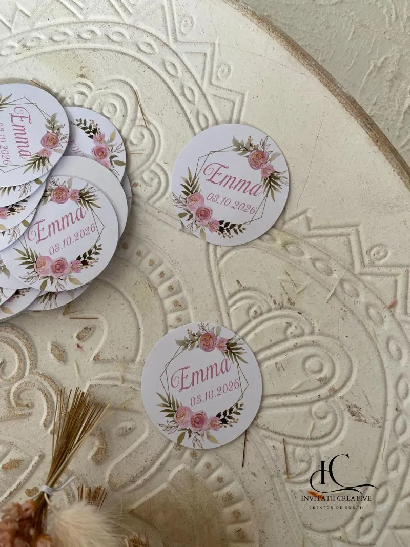 Eticheta Eleganta cu Motiv Floral Roz Pal