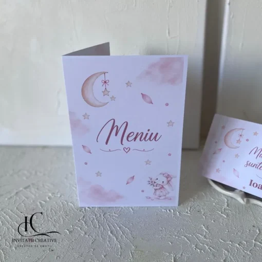 Meniu Botez Iepuras Dragalas in Decor cu flori roz si Luna
